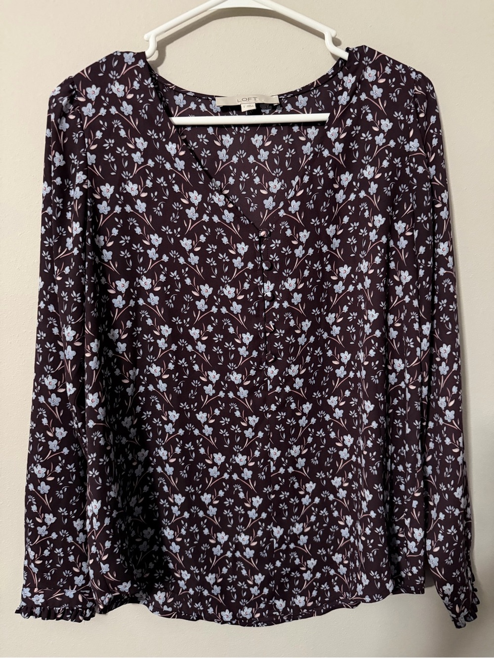 LOFT Plum Floral Blouse Long Sleeve V Neck Women’s Small